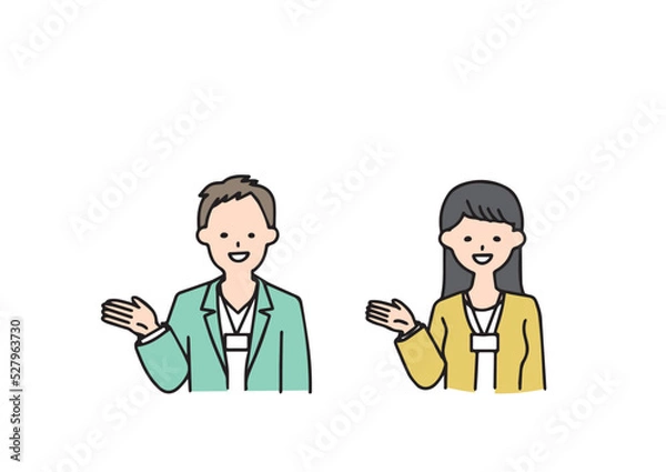 Fototapeta ご案内をしているオフィスカジュアルの男女　シンプルな線