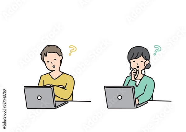 Fototapeta  ノートパソコンを見ながら疑問を感じているカジュアルな服装の男女