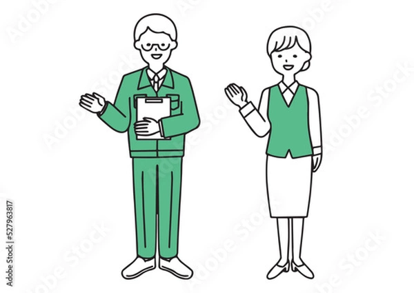 Fototapeta 資料を手に説明する工務店の男性と受付の女性のシンプルなイラスト