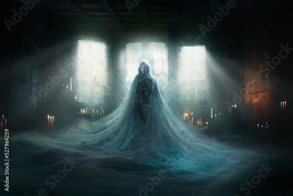 Fototapeta A ghostly figure with a skull like face appears in a haunted room. 