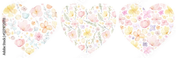 Fototapeta Watercolor hand drawn cute floral hearts with delicate abstract spring flowers, eucalyptus branches. Meadow simple wild flowers elements isolated on white background. Nursery collection