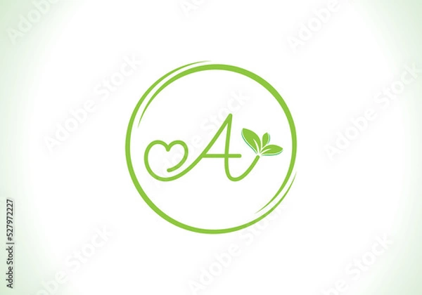 Obraz Love healthy and green nutrition leaf logo design vector and the letters. Green love leaf vector. with A