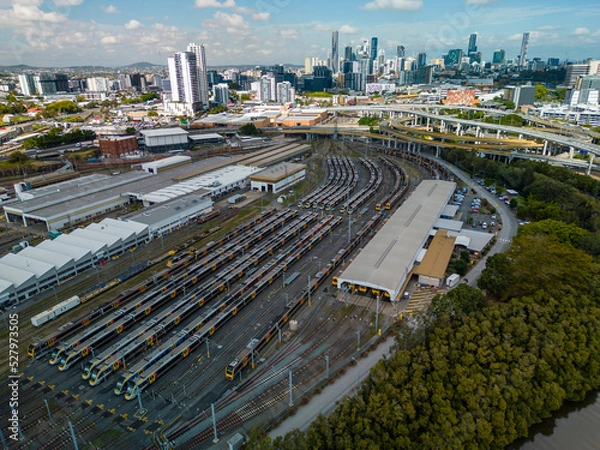 Fototapeta Aerial view of train depot in Brisbane, Australia