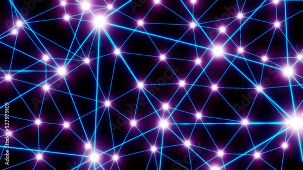 Fototapeta Abstract technology 3D background with neon glowing purple blue lines on black, plexus science graph