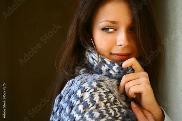 Fototapeta Girl in hand-made blue scarf