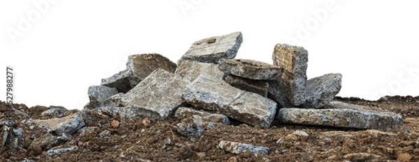 Fototapeta Low View Isolate Debris of large concrete blocks are piled up on the mounds of road demolition for renovations, which are common during the summer in rural Thailand.