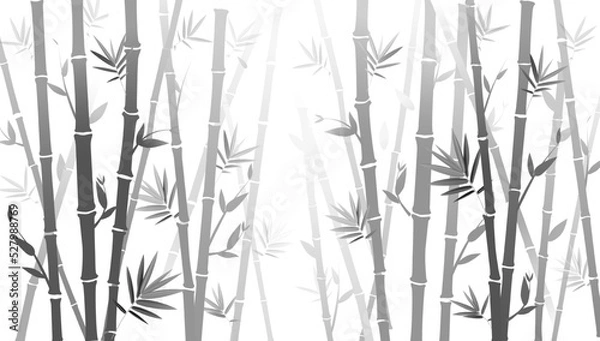Fototapeta Bamboo forest texture. Bamboo forest silhouette, bamboo plants with leaves backdrop, asian bamboo stalks pattern vector background illustration. Tree branches with foliage for fabric