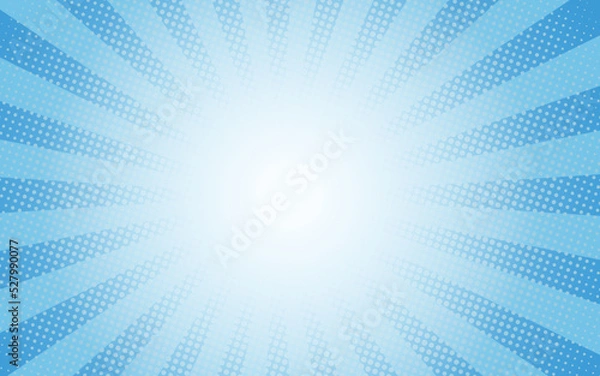 Fototapeta Sun rays retro vintage style on blue background, Comic pattern with starburst and halftone. Cartoon retro sunburst effect with dots. Rays. Summer banner vector illustration
