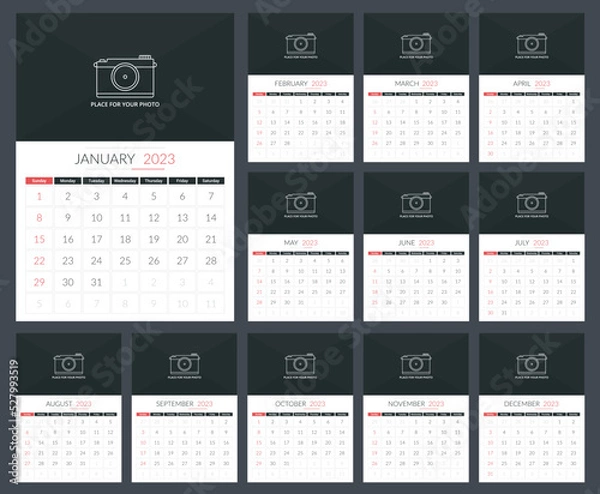 Fototapeta 2023 Calendar template, week starts on Sunday, a3 size, place for your photo
