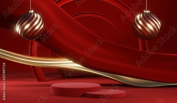 Fototapeta 3D rendering of blank product background for cream cosmetics Modern red podium background