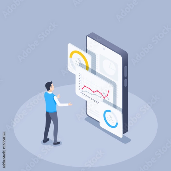 Fototapeta isometric vector illustration on a gray background, a man in business clothes stand near a smartphone on the screen of which windows with charts are open, work with statistical data