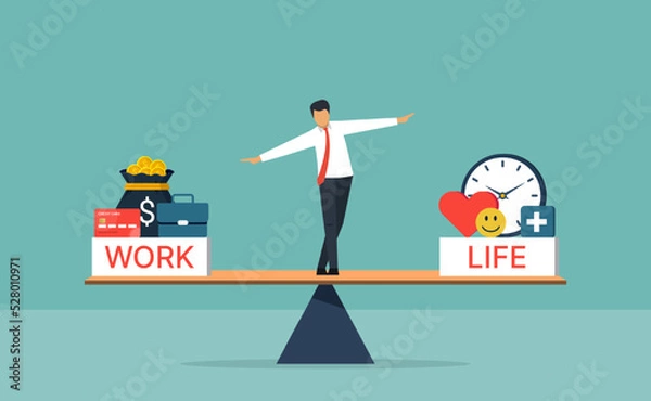 Fototapeta Work life balance concept, businessman standing with WORK and LIFE on seesaw