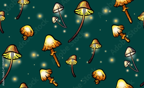 Fototapeta Seamless pattern with glowing forest mushrooms