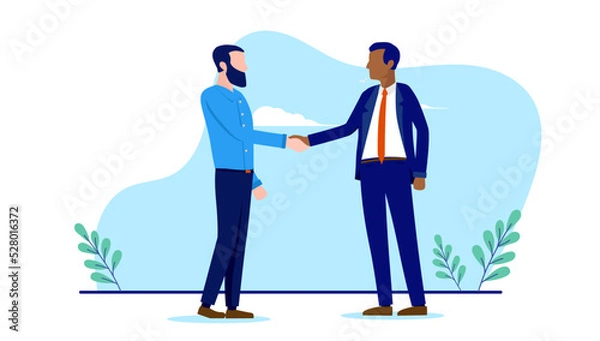 Fototapeta Diverse business handshake - Two businesspeople with different ethnicities shaking hands over deal and agreement. Flat design vector illustration with white background