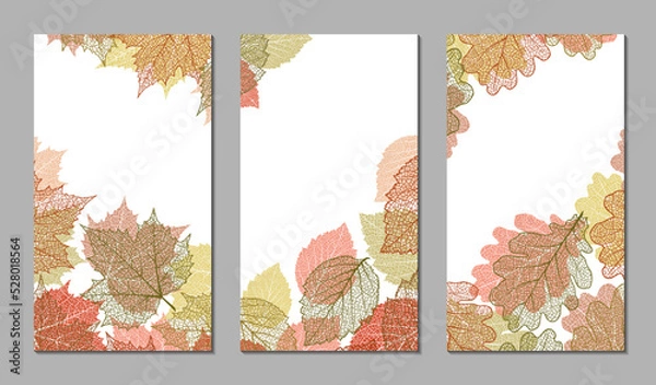 Fototapeta Floral vector templates with autumn leaves. Plant print for holiday stories, greeting cards, banners. Natural trendy web-design. Set of textured backgrounds. Botanical art.