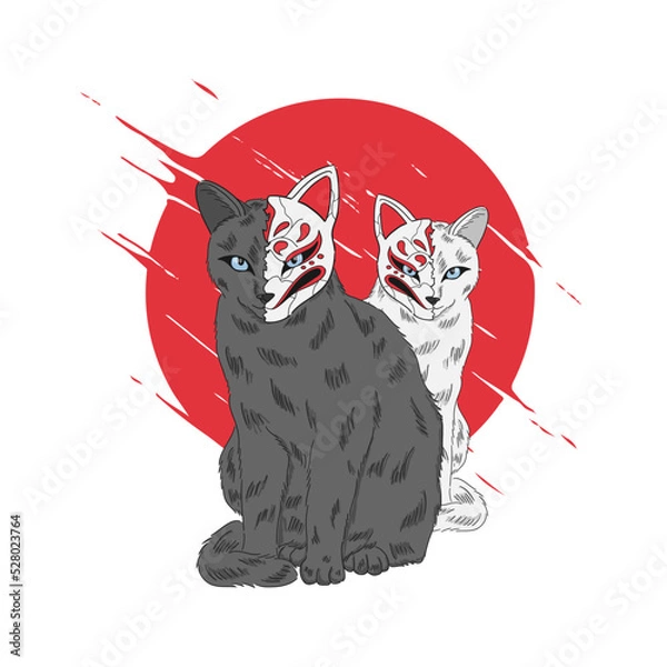 Fototapeta cat with kitsune mask Japan illustration