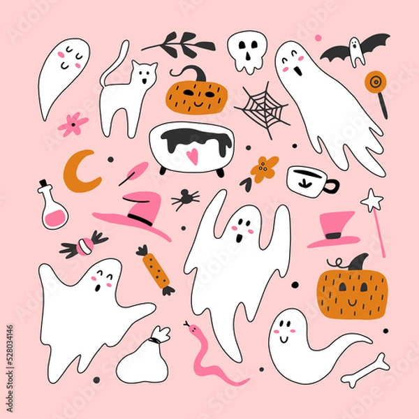 Fototapeta Happy Halloween childish set with cute design elements. Collection for baby - ghost and pumpkin. Ideal for cards, print, invitation, party decoration. Vector icons on a pink background