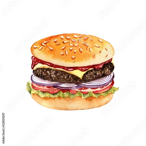 Fototapeta watercolor drawing fresh burger with tomatoes, onion and beef, hand drawn illustration