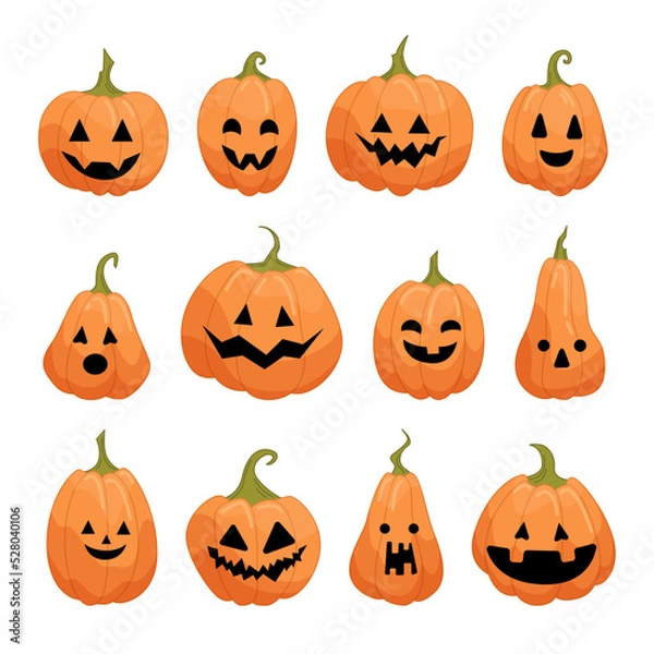 Fototapeta Halloween pumpkin set in cartoon style isolated on white background. Funny vector illustration for graphic design.