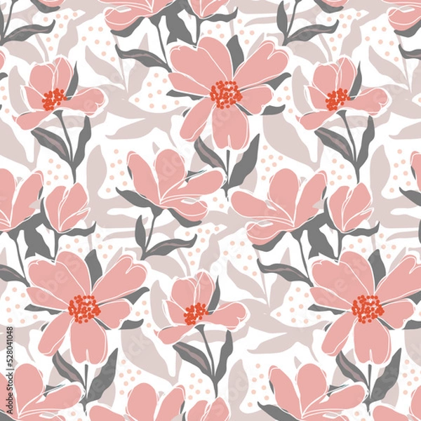 Fototapeta Background pattern with pink flowers and leaves. Botanical leaves, organic forms, eco-friendly. Vector design pattern, packaging and template for covers, fabrics, prints.