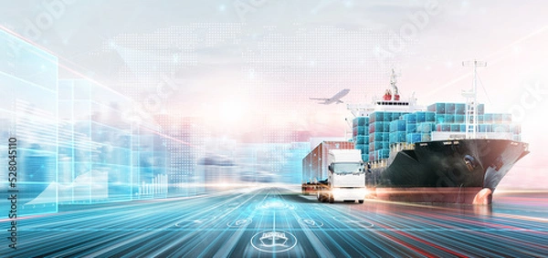 Fototapeta Smart Logistics Digital Marketing Technology Concept, Double Exposure Polygon Wireframe of Container Cargo Freight Ship, Plane, Truck, Growth Graph, Modern Future Import Export Transport Background