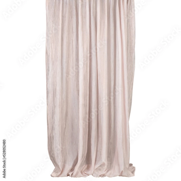 Fototapeta long beige curtain with wide tails, hanging straight, on a white background