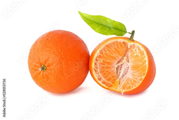 Fototapeta Tangerine and half with leaf isolated on white
