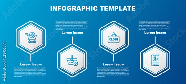 Fototapeta Set line Add to Shopping cart, basket, Hanging sign with Closed and Paper check and financial check. Business infographic template. Vector