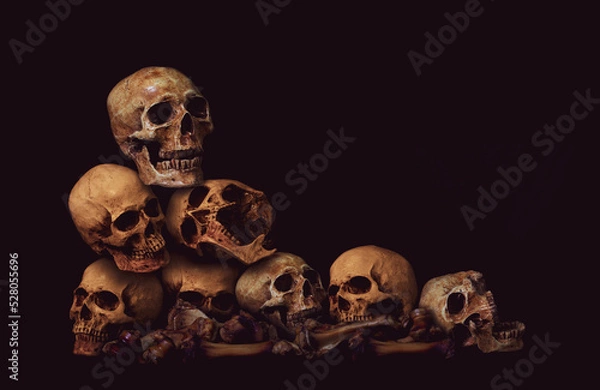 Fototapeta Awesome pile of skull human and bone on black cloth background, concept of scary crime scene of horror or thriller movies,Halloween theme, Still Life style, selective focus,