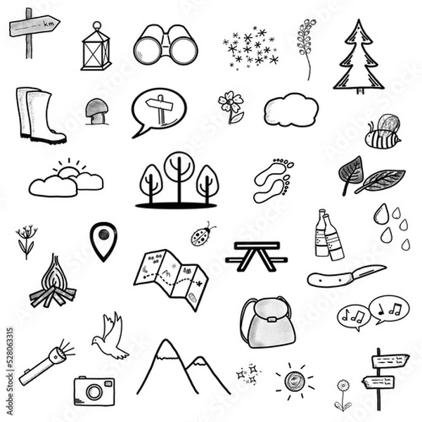 Fototapeta 35x Wandern - Set - Icons Grafiken Zeichen Symbole Sketchnotes