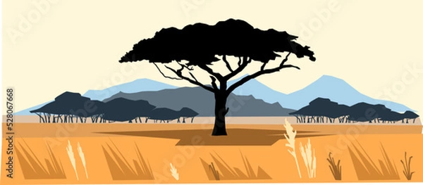 Obraz Plains and mountains. African savannah landscape. Silhouette picture. Africa acacia tree. Vector.