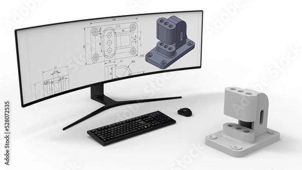 Fototapeta 3D render - design a mechanical part on a computer
