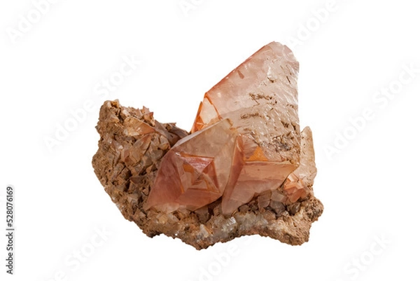 Fototapeta A sample of a natural mineral orange reddish transparent crystal Calcite (carbonate class) calcite twinned crystal splice, polymorph of calcium carbonate. Museum Mineral Series. Mineralogical sample