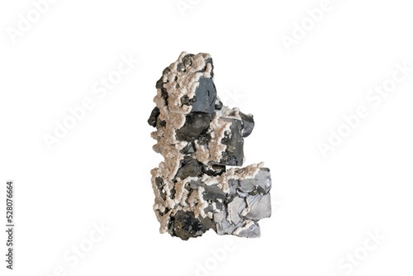 Fototapeta A sample of a natural mineral Galena, lead ore, lead sulfide (sulfide class) druse of block crystals with sphalerite in a quartz crust. Museum Mineral Series. Mineralogical sample isolated on white