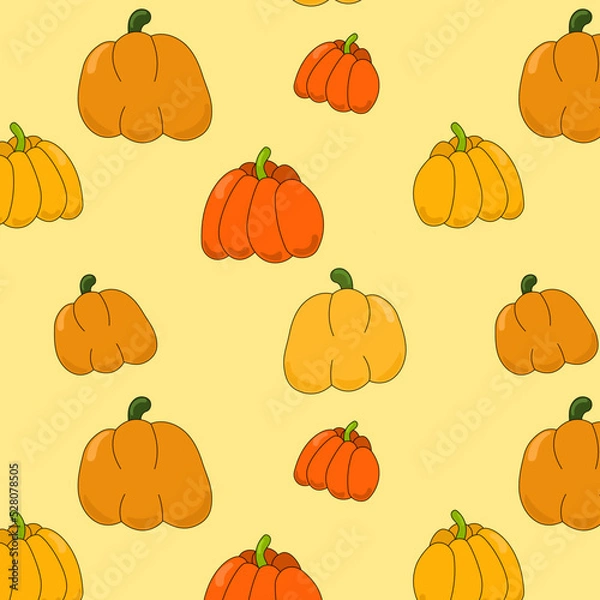 Fototapeta Seamless vector pattern, pumpkins on yellow background, wallpaper, print, fall, Halloween