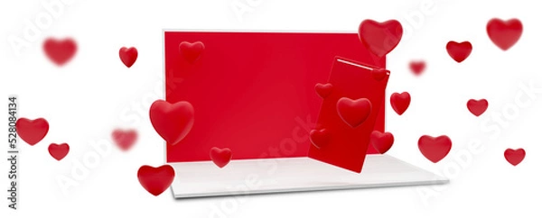 Fototapeta a smartphone and a laptop with a red screen and randomly arranged hearts 3d-illustration