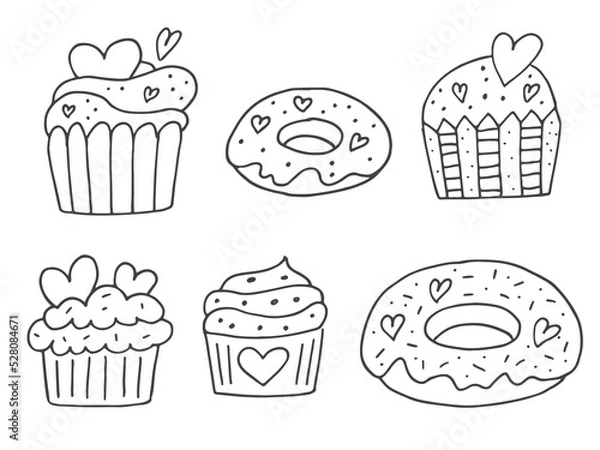 Fototapeta Set of cute hand-drawn doodle elements about love. Message stickers for apps. Icons for Valentines Day, romantic events and wedding. Cupcakes and donuts with hearts.