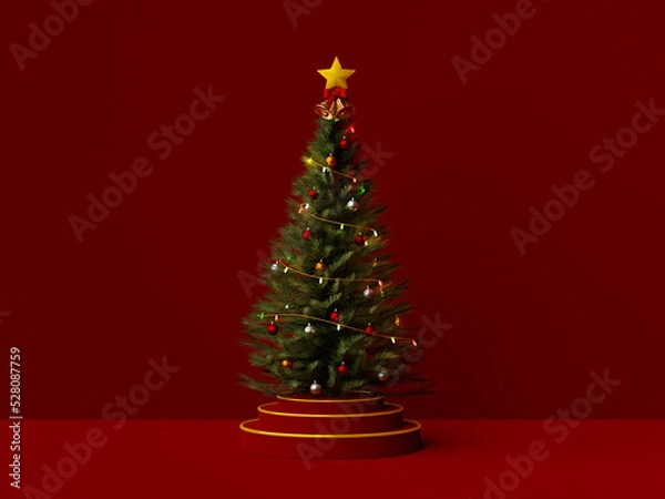 Fototapeta Christmas tree on podium on red background, 3d illustration