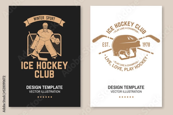 Fototapeta Ice Hockey club logo, badge design. Concept for shirt or logo, print, stamp or tee. Winter sport. Flyer, brochure, banner, poster with player, sticker, puck helmet and skates silhouette. Vector.