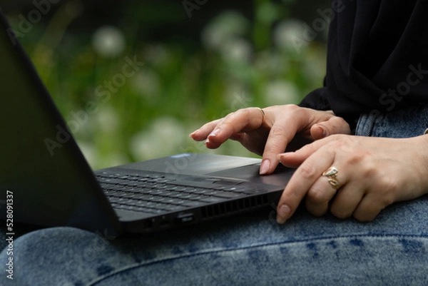 Obraz working on a laptop, touchpad, clicks, outdoors