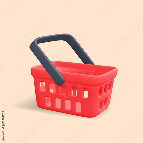 Fototapeta 3d vector realistic render red shopping basket mockup design. Cartoon store cart side view icon illustration isolated on grey background. Advertising and promotion shopping concept.