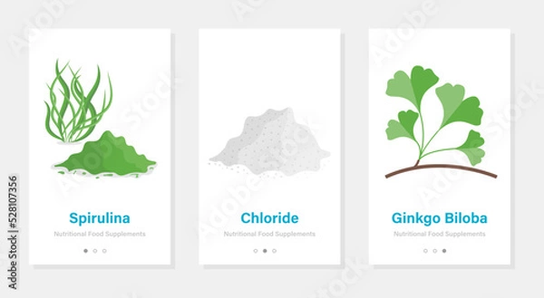 Obraz Nutritional food supplements vector onboarding templates. Isolated vertical banners with greens and powder illustrations