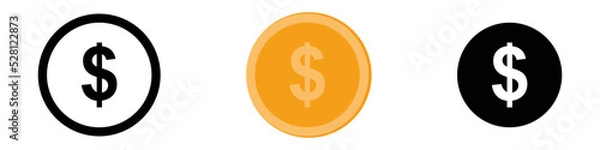 Fototapeta Coins. Coin icon in different style. Three coins. Vector illustration.
