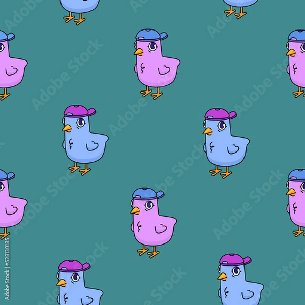 Obraz Cheerful youth pattern with colored doves. Colorful background with birds in cartoon style for covers of notebooks, sketchbooks and notepads
