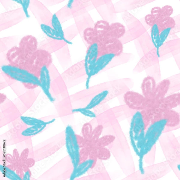 Fototapeta Digital basic abstract blurry pink and blue floral seamless pattern. Pink paintbrush lines diagonal seamless design for fabric, texile print, dress print. Hand drawn brush strokes on white background