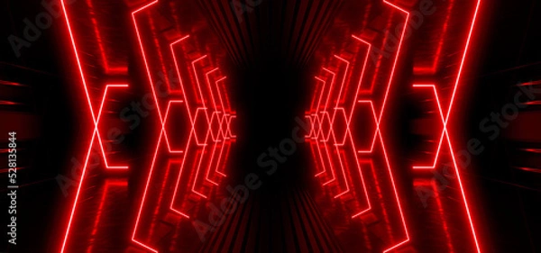 Fototapeta Sci Fy neon lamps in a dark corridor. Reflections on the floor and walls. 3d rendering image.