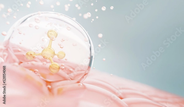 Obraz Molecule inside Transparent liquid bubble on soft background, concept skin care cosmetics solution. 3d rendering.
