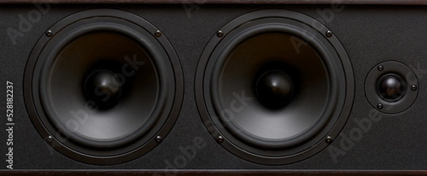 Fototapeta Black speaker system speakers close-up. Wide format for a banner, macro shot