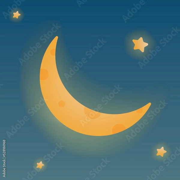 Fototapeta Crescent or New Moon Cartoon Vector Illustration. Young Moon 3d Icon With Glow And Stars