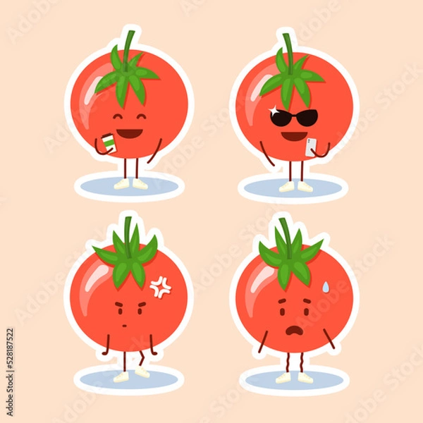 Obraz Set of 4 cute tomato characters with different emotions. Sticker pack with white outline. Flat style vector illustration